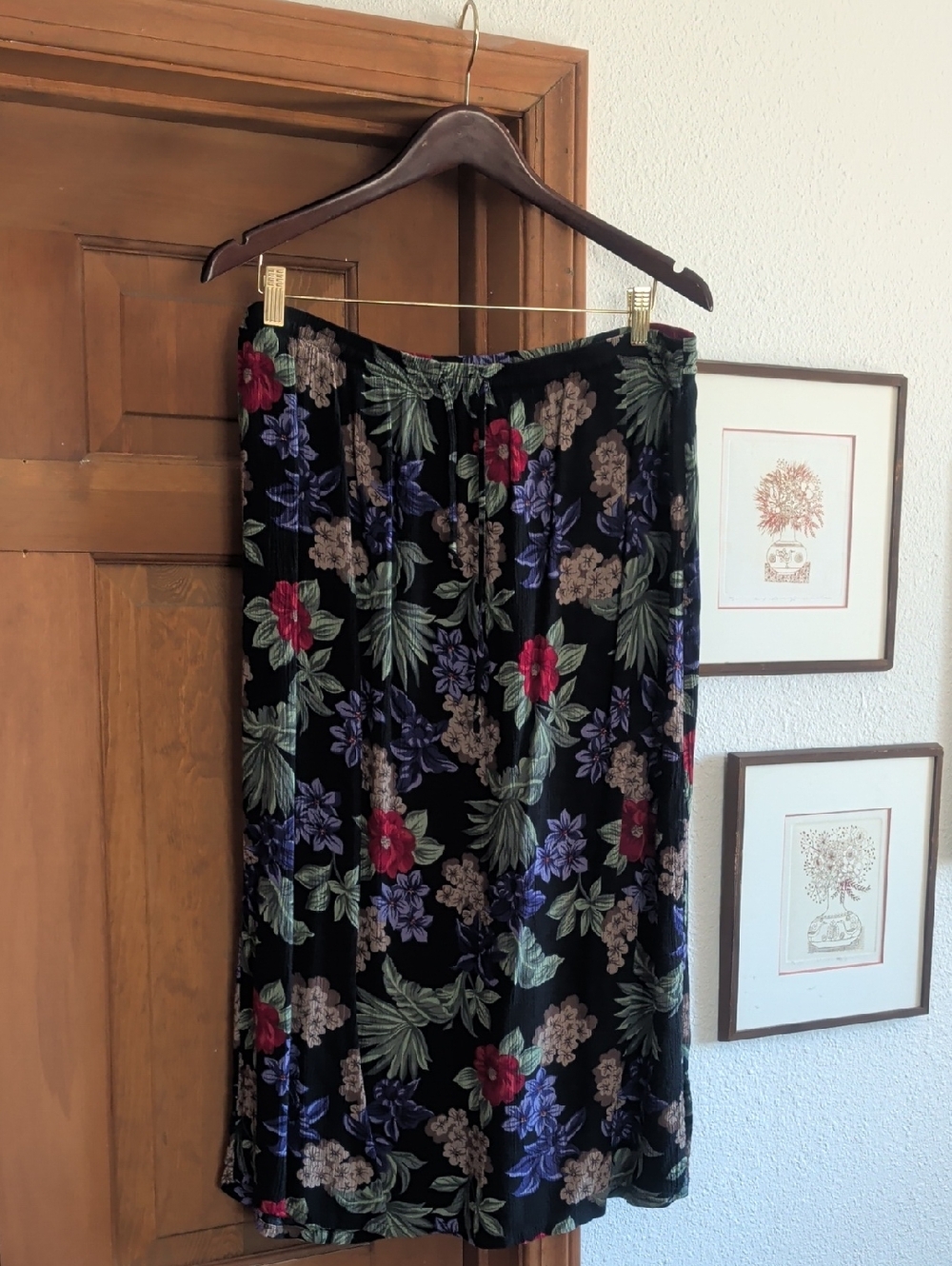 Black Floral Midi Skirt with Red & Purple Blooms
